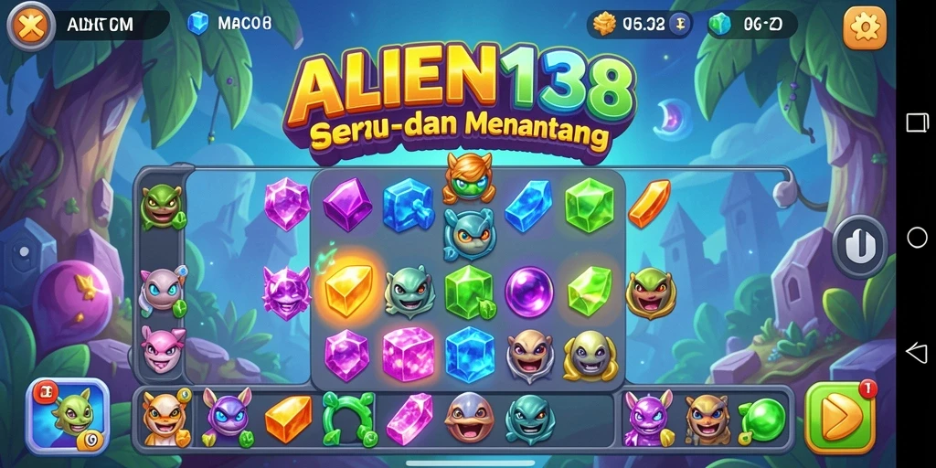 Screenshot gameplay ALIEN138 dengan grafis cerah dan tantangan Match-3.