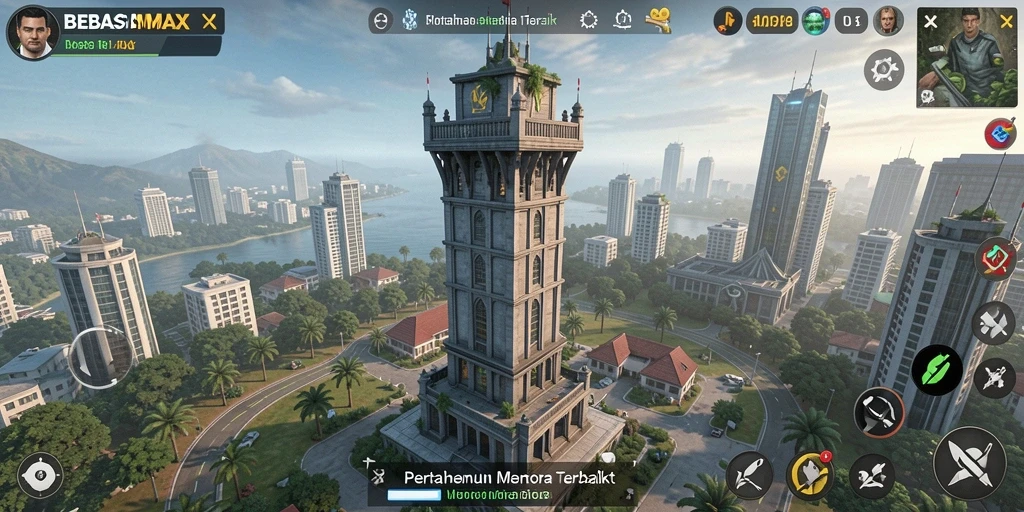 Screenshot gameplay BEBASMAX yang menampilkan pertahanan menara yang strategis.