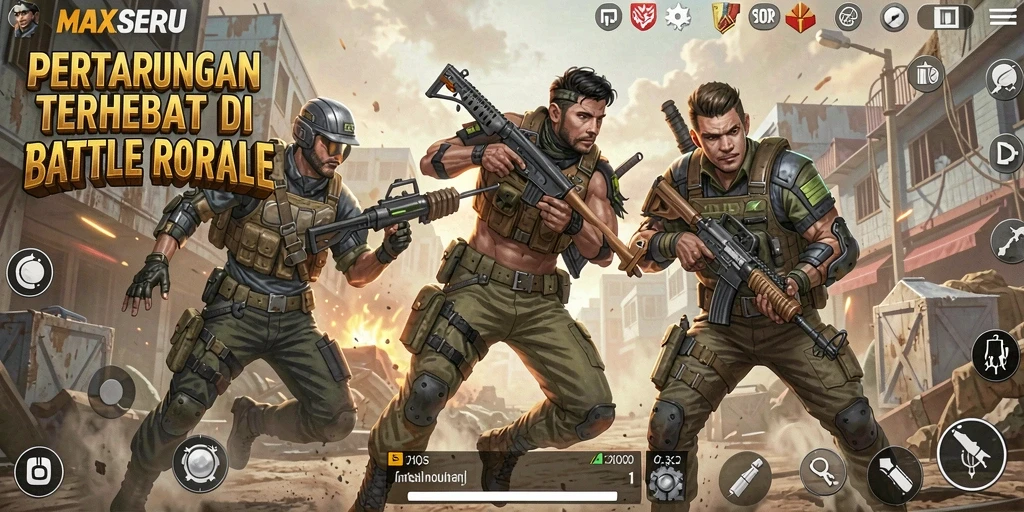 Screenshot gameplay MAXSERU menampilkan aksi seru para pemain dalam pertempuran Battle Royale.