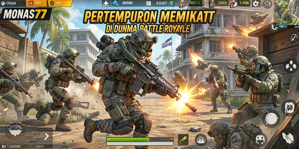 Screenshot gameplay MONAS77 menampilkan aksi intens di arena Battle Royale.