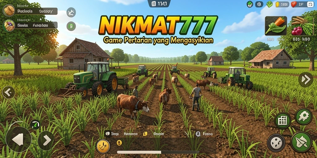 Screenshot gameplay <strong>NIKMAT777</strong> menampilkan aktivitas bertani dan memelihara hewan.
