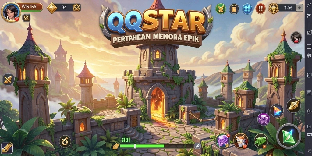 Tampilan gameplay QQSTAR dengan menara yang strategis dan serangan musuh.